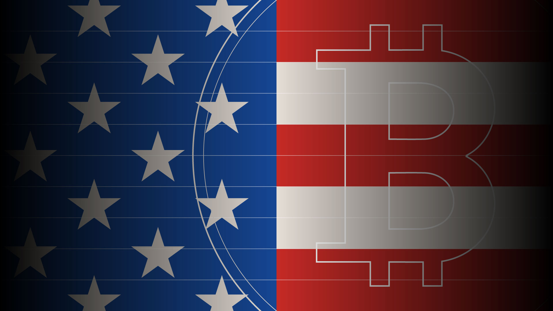 American flag overlaid with chart lines and Bitcoin icon